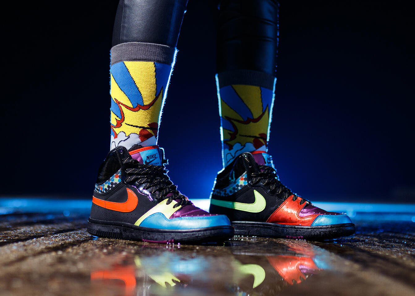 Basketball shoes and funny socks space vibe scenery