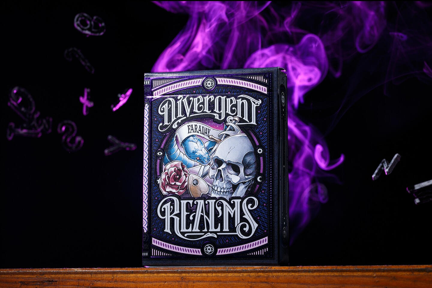 Hero shot of playing cards deck in a active environment with purple smoke in the background