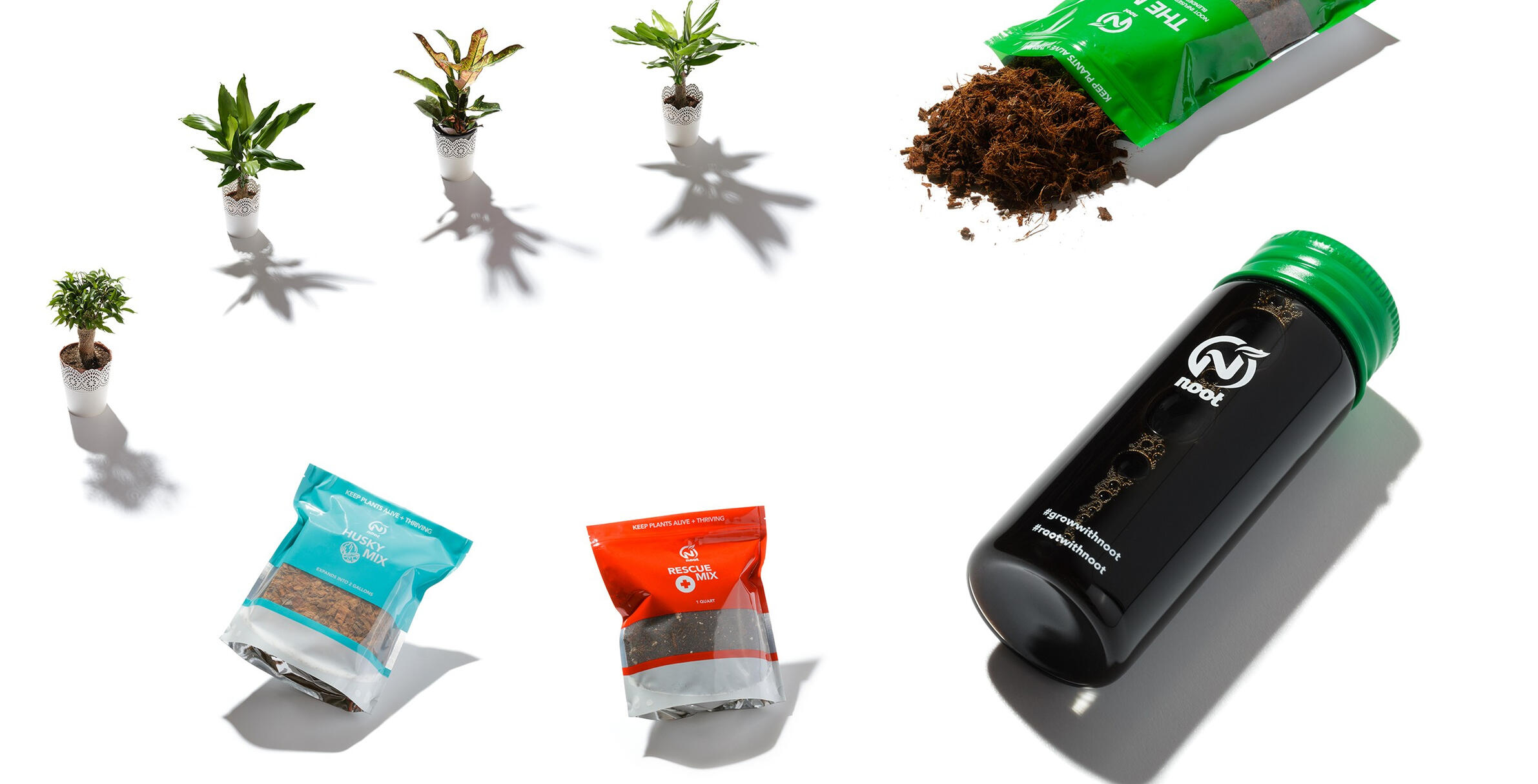 Forced perspective image of plants and product on a white background